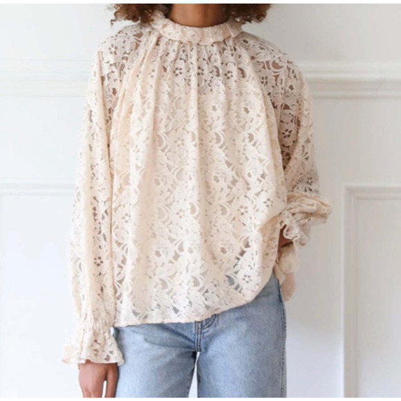 Mille Vanilla Lace Floral Chantal High Neck Ivory Blouse Top  Size XXS - Picture 1 of 15
